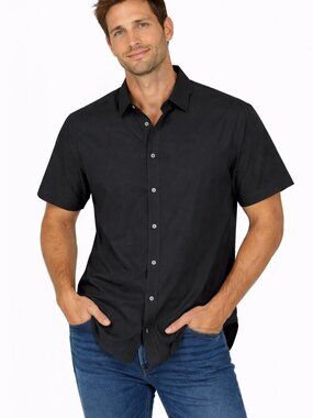 Kenneth Cole Black Button Down Shirt Slim Fit XL Short Sleeve Modern Men